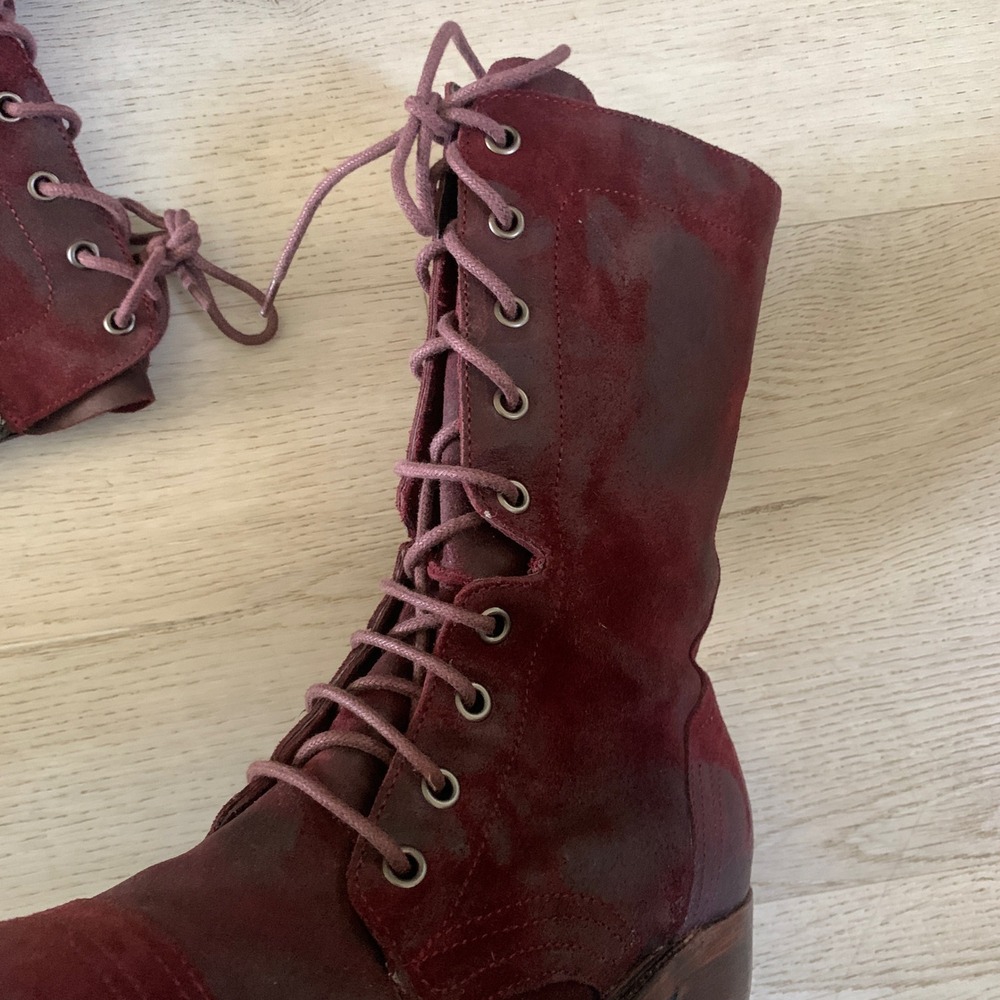 Lace-Up Mid-Calf Leather Boots - Red - Picture 3 of 10
